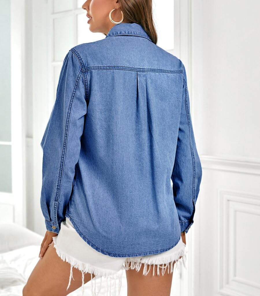 Denim Shirt Women Button Down Long Sleeve Chambray Western Jean Shirts Collared Casual Denim Tops - Image 3