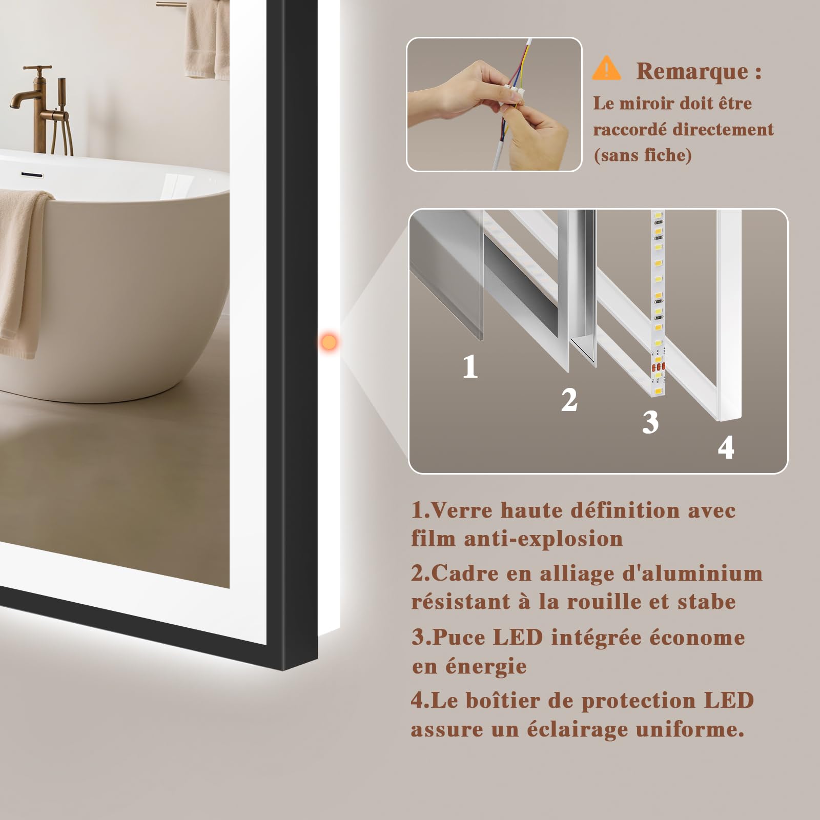 Specchio bagno 40x60 cm, specchio bagno con luce, anti-appannamento, dimmerabile, 3 Colori Di Luce Regolabili LED, specchio da bagno grande con touch,cornice in metallo nero
