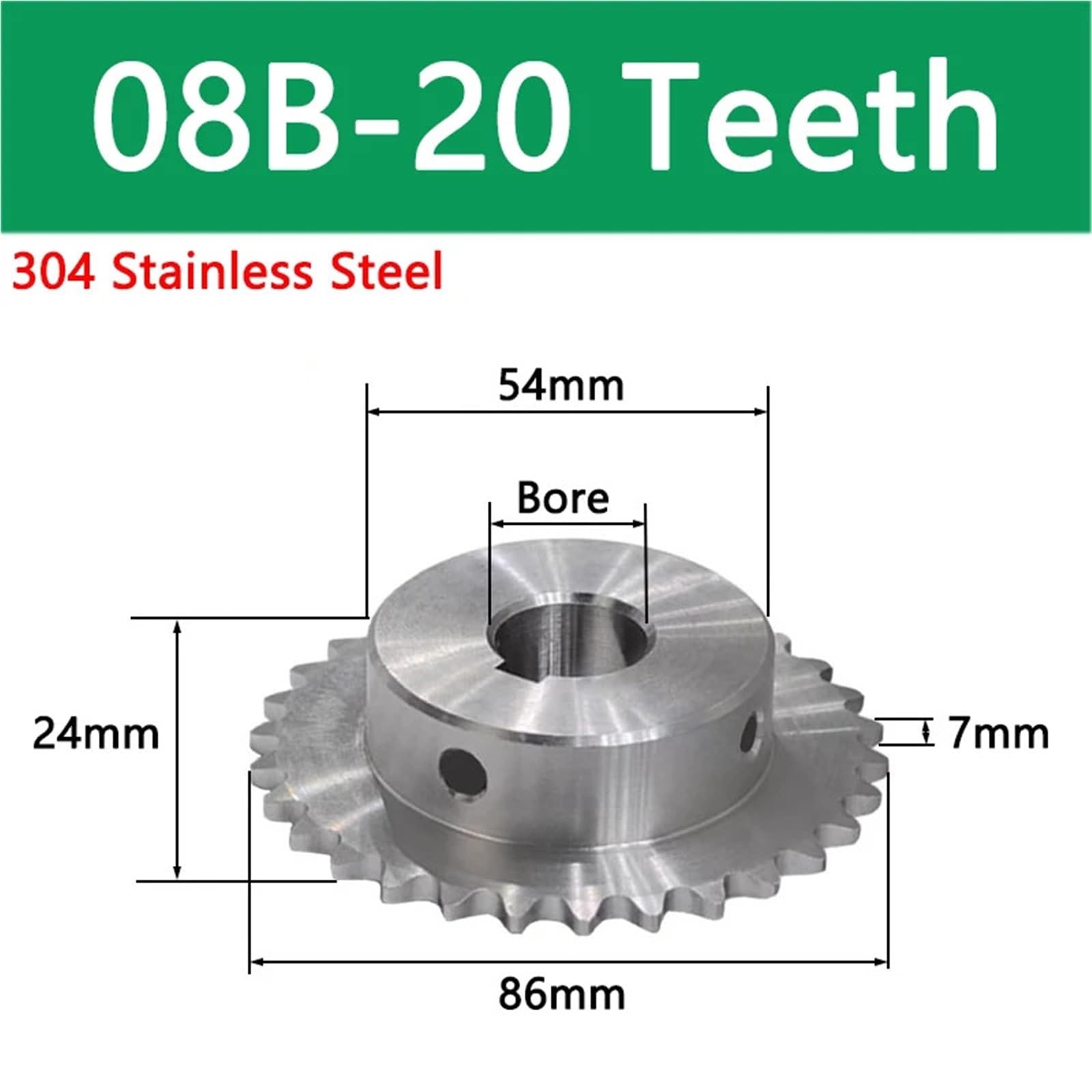 Piñón de acero inoxidable 20T-28T 08B de : rueda de cadena duradera con orificio de 14-40 mm, paso de 12,7 mm, 1 pieza(32mm(keyway 10mm) 20Teeth)