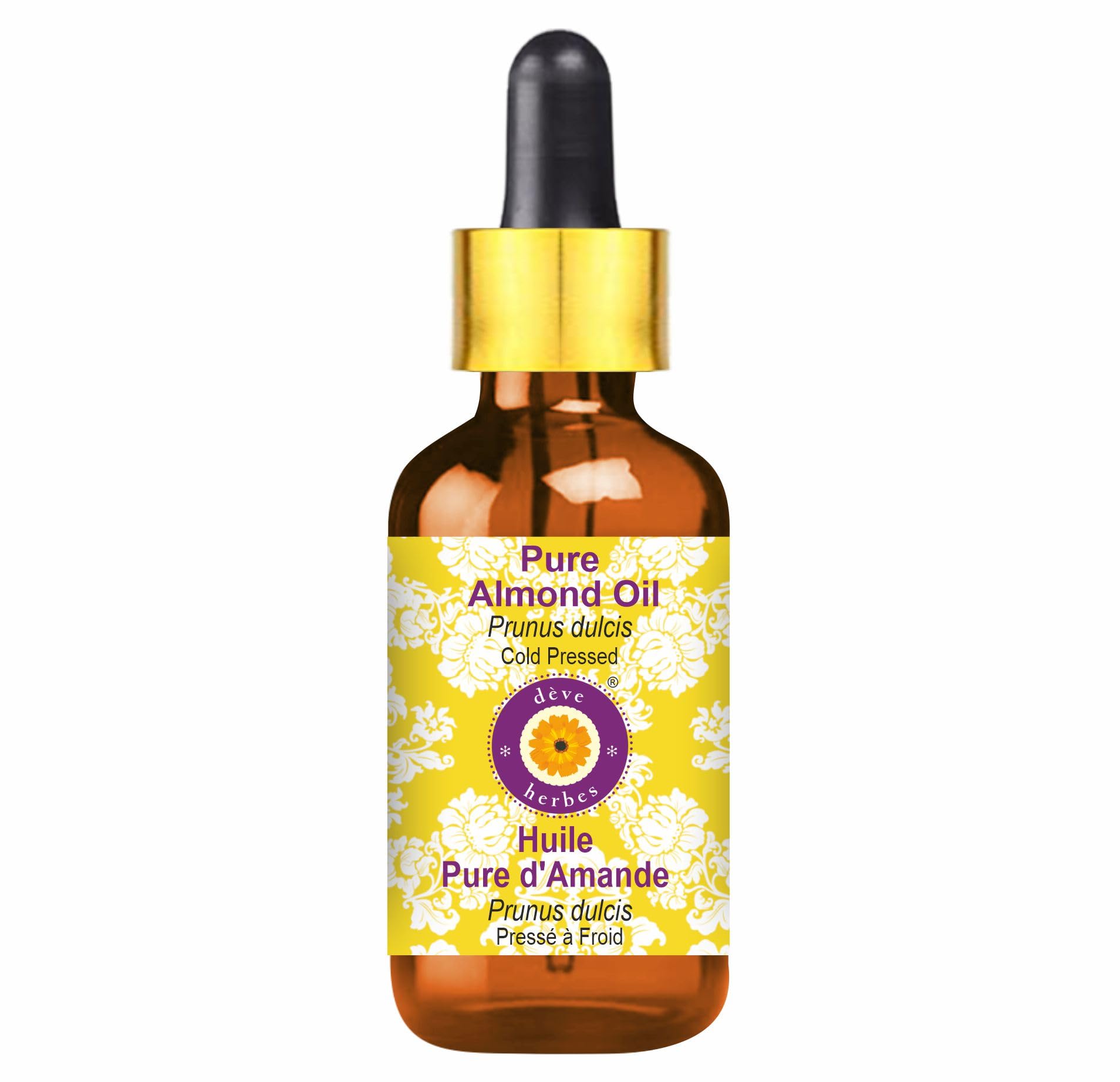 Deve Herbes Pure Almond Oil (Prunus dulcis) Non-Sticky | Non-Greasy | For Hair, Skin, Massage & DIY Use 100ml with Glass Dropper