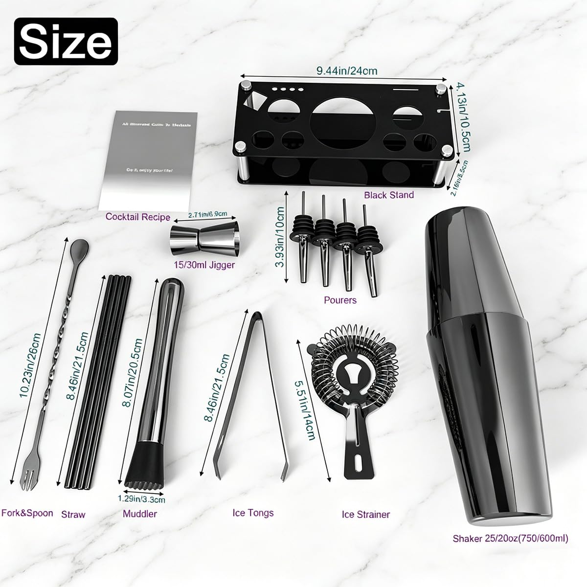 Set professionale per cocktail con supporto per ricette per cocktail, 15 pezzi, 750/600 ml, kit da barista, set da barista, set di strumenti da bar Boston da 25/20 once, jigger, pestello (nero)