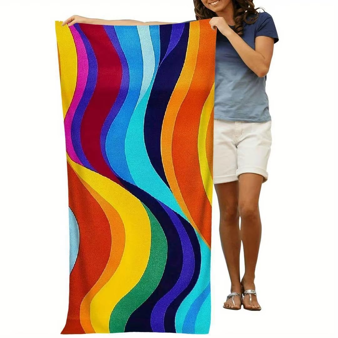 Toalla de Playa de Secado rápido, ultraabsorbente, con diseño de Ondas Modernas para Adultos, Ideal para Nadar, Practicar Deportes y Playa 140x200cm/55 x79