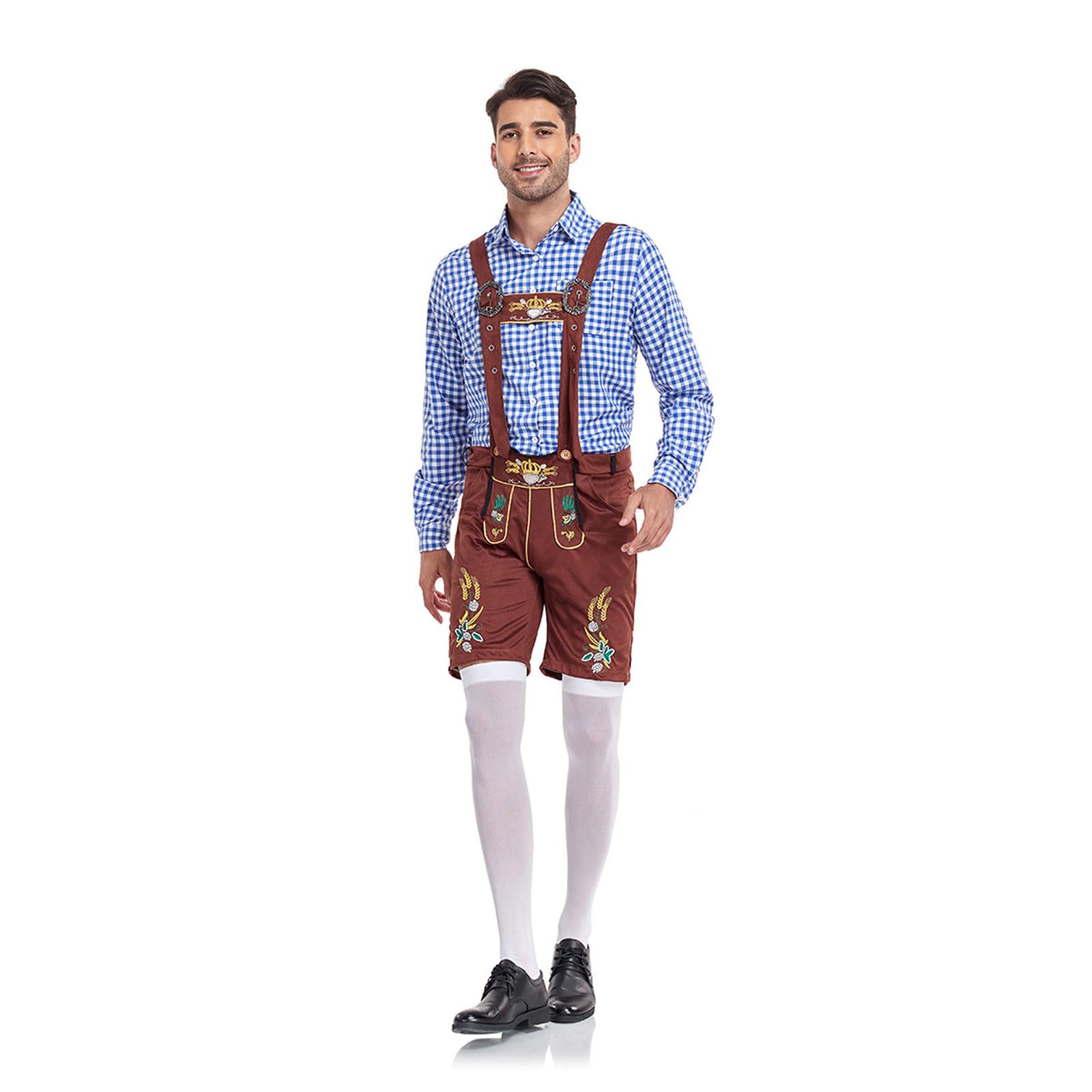 Lederhose Herren Set, Lederhosen Herren Lang Trachten Trachtenlederhosen Kurz Trachtenhose Vintage Trachtenlederhose Oktoberfest Men Outfit Hose + Hemd + Mütze