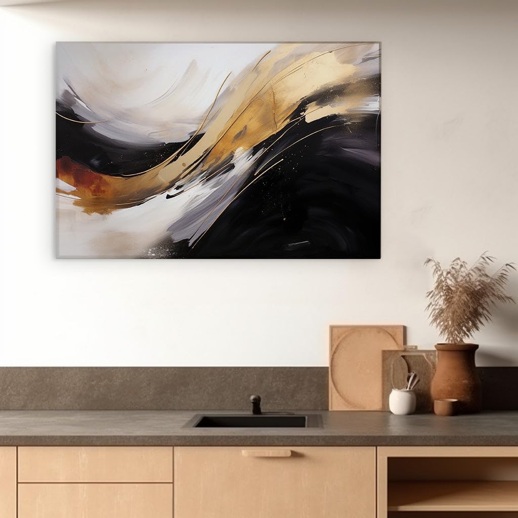 Canvas for Living room. Golden Swirls and Monochrome Mystique: Capturing Movement in Abstract Art, 27 x 18 inch Canvas Wall Art - Contemporary Masterpieces - Modern Home Decor
