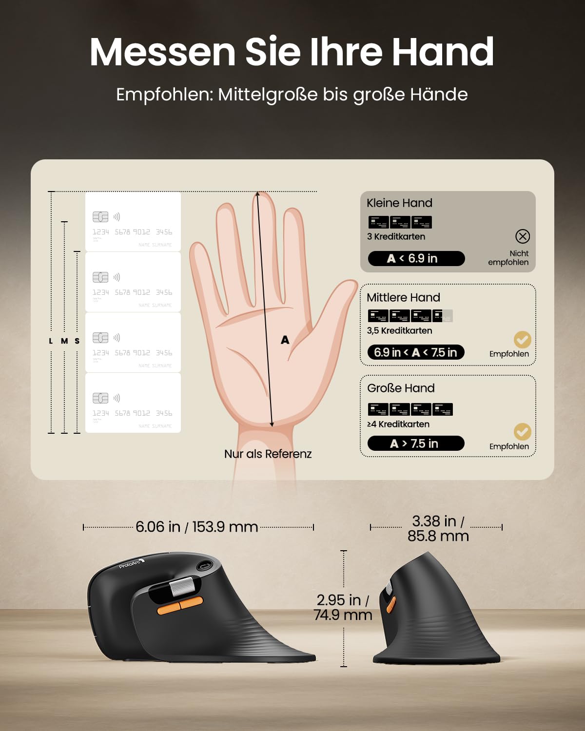 ProtoArc EM11 Pro Ergonomische Vertikale Maus mit Seitenscroll, Anpassbare Tasten, 2*Bluetooth + 2,4G Kabellos, Wiederaufladbar, Vertikal Funkmaus für Büro PC/Mac/Windows/Linux