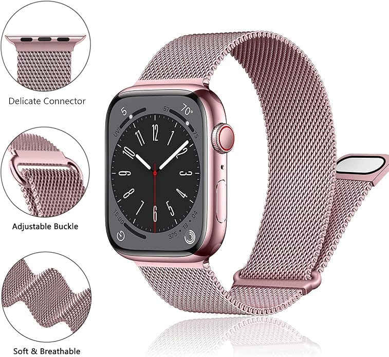 Image of Meyaar Magnetic Loop for Apple Watch Band 46mm 42mm 44mm 45mm 49mm Women Men,Magnet Stainless Steel Mesh Metal Strap for iWatch Ultra /2 Series 10 9 8 7 6 5 4,SE /2nd Generation (Black-Pink)