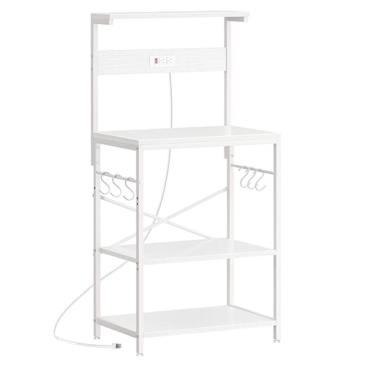 SUPERJARE Kitchen Bakers Rack with Power Outlet, Coffee Bar Table 4 Tiers, Kitchen Microwave Stand with 6 S-Shaped Hooks, Storage Shelf Rack for Spices, Pots and Pans - White