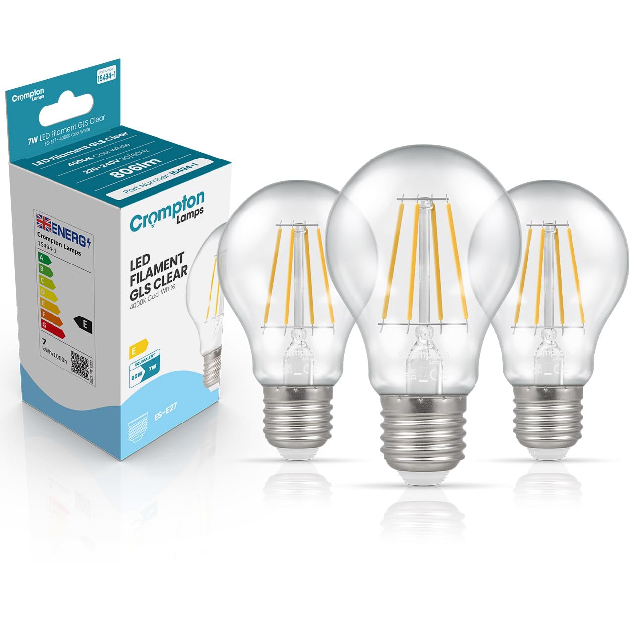 Crompton Lamps Filament GLS LED Light Bulb ES-E27 | 7W = 60W Equivalent | Cool White 4000K | Energy Efficient | Edison Screw Lightbulb | Long Life 15000-Hrs | Clear Glass | Dimmable | 3-Pack