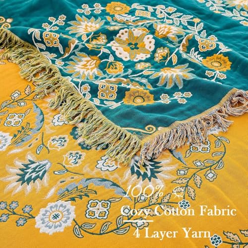 Image of XIBLC Boho Throw Blanket, 100% Cotton Ultra Soft Luxury Throw Rustic Quilt, Floral Printed Farmhouse Decor Bed Summer Blankets, All Season Rustic Reversible Bohemian Throw for Bed (90 inchx98 inch Yellow