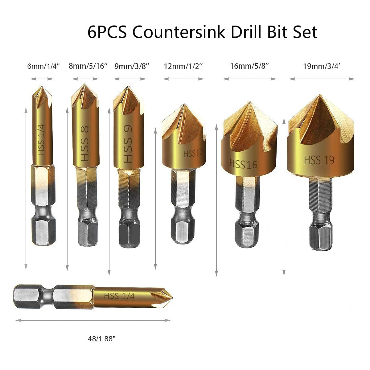 6PCS Countersink Drill Bit Set 1/4'' Hex Shank 5 Flute 90 Degree Center Punch Tool Sets Wood Chamfering