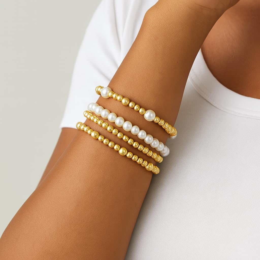 Gold Beaded Bracelet Stack for Women Chunky Pearl Stretch Bracelets Set Non Tarnish Stackable Ball Beads Bow Bracelet Adjustable Trendy Jewelry Gifts for Her - Image 4