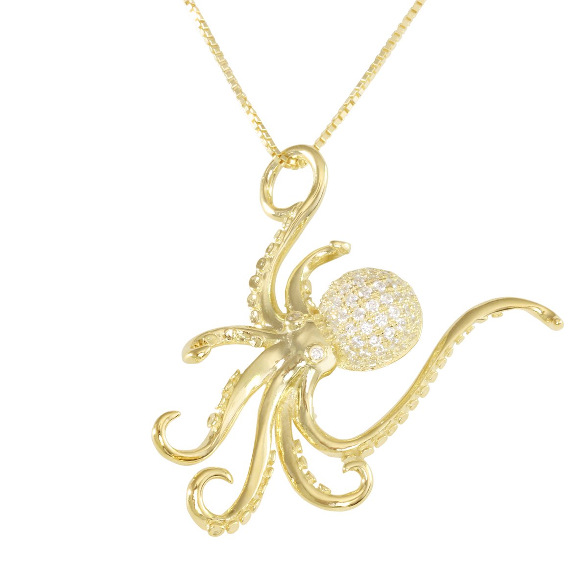 Yellow Gold Plated Sterling Silver Pave CZ Octopus/Tako Necklace Pendant With 18" Box Chain