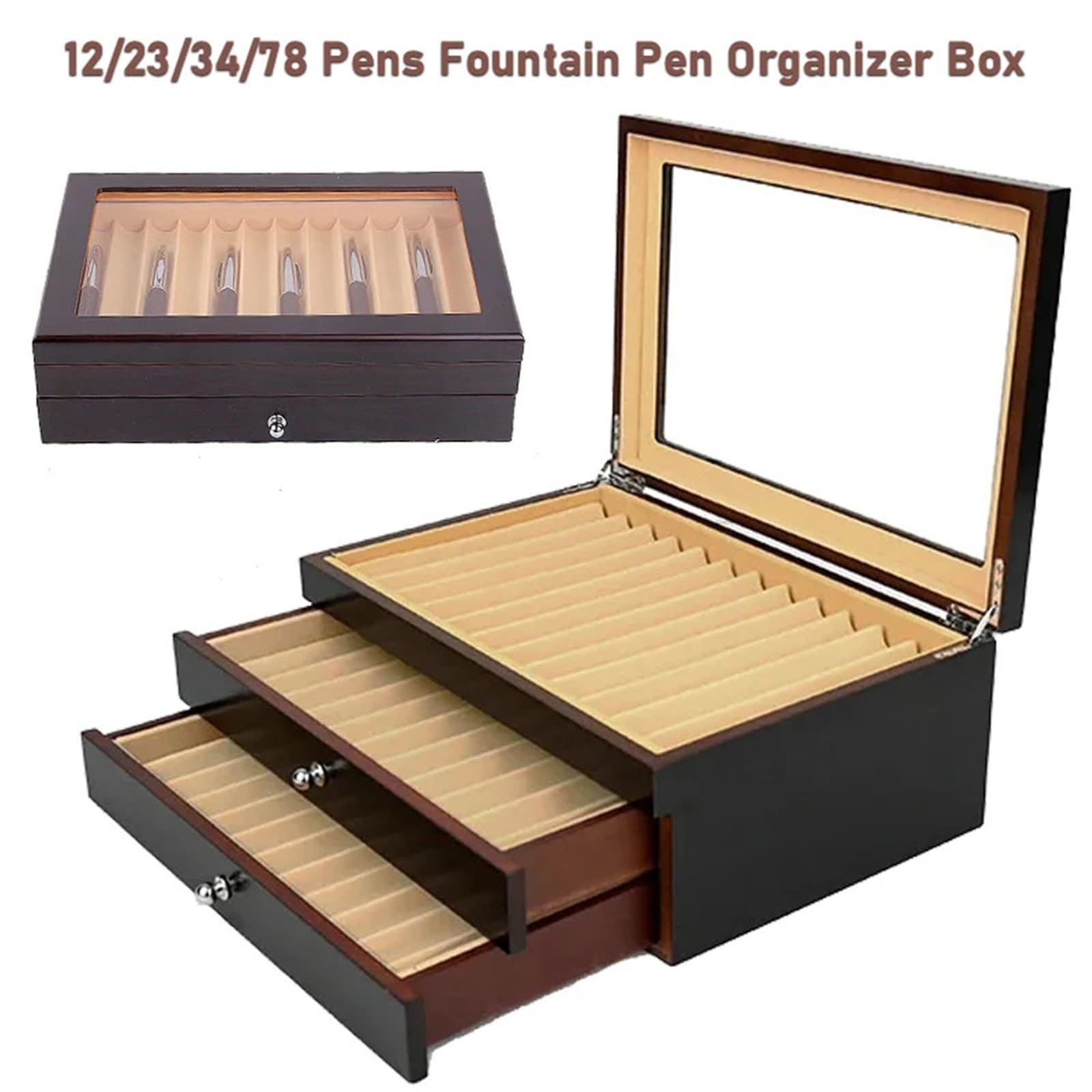 Estuche de madera con ranura for bolígrafo, 12/23/34/78, for exhibir lápices o pluma estilográfica, bonito organizador papelería for la escuela y oficina(Black-23 pens)