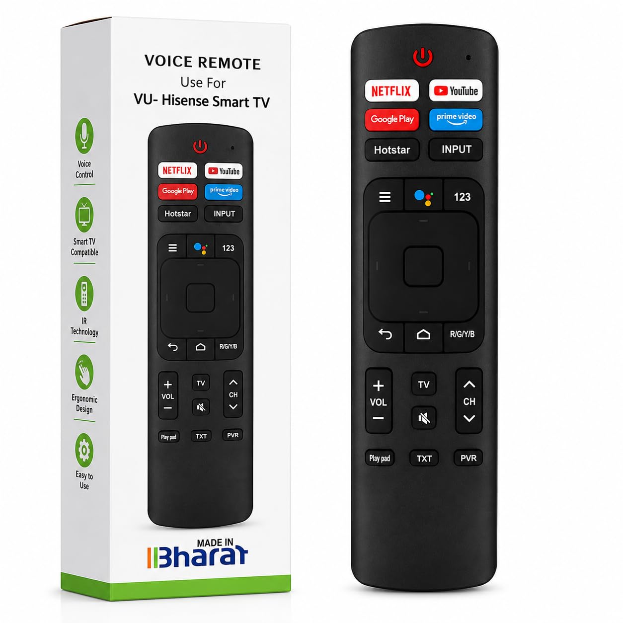 LRIPL Voice Remote Compatible with VU Smart TV Hisense 4K- Pairing Required | Bluetooth Voice Control, 4K Android LED TV, Ergonomic Design, VU television remote,VU replacement controller-image-1