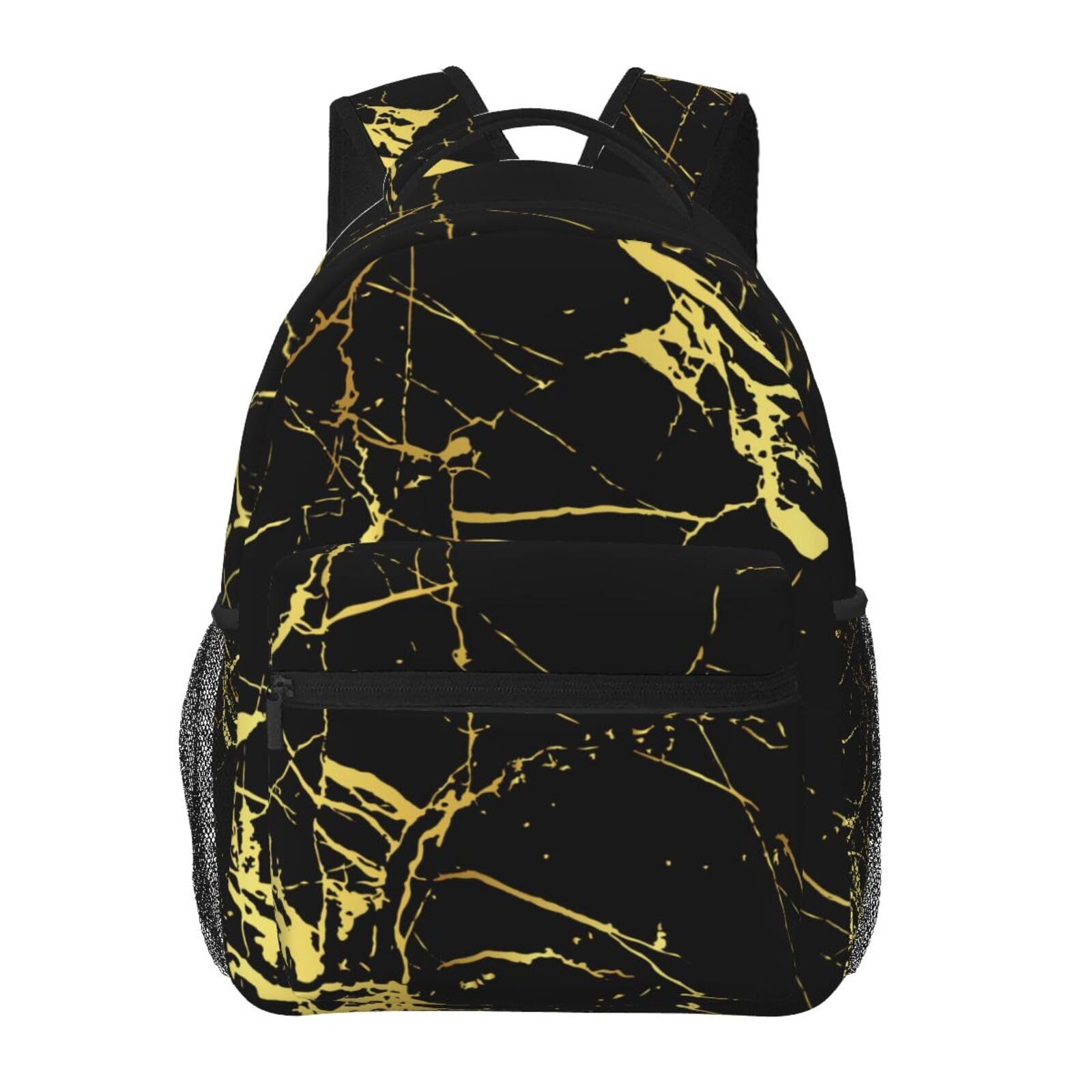HKHEHOP Black And Gold Marble Backpack For School Laptop Bags Bookbag Big Casual Daypack For Student Girls Boys Kids Teens Travel Sports Work
