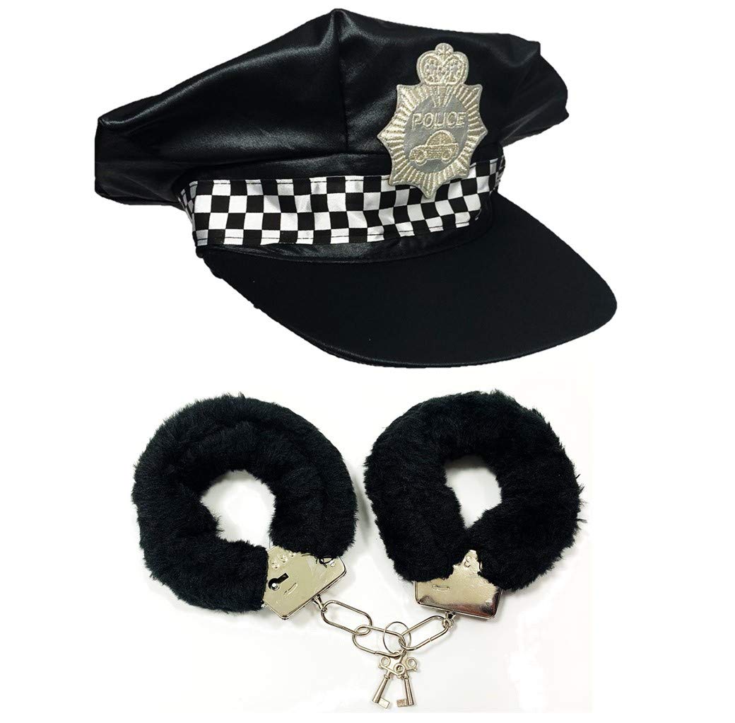 Stylex Party Police Checkered Hat & Black Fluffy Handcuffs Fancy Dress Costume Cops Robbers