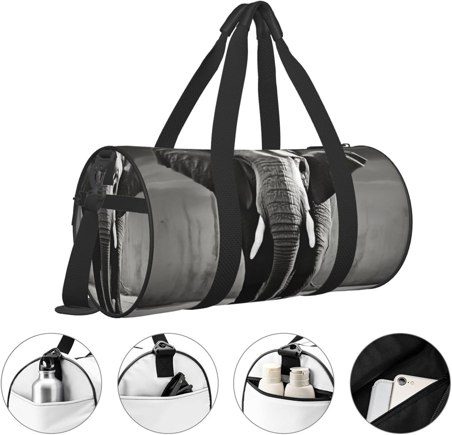 Travel Duffle Bag Lightweight Sports Gym Bag for Men Women Foldable Carry On Weekender Overnight Bag Black and White Elephant Canvas Sport Duffel Bag for Yoga Business Trip, Black, One Size