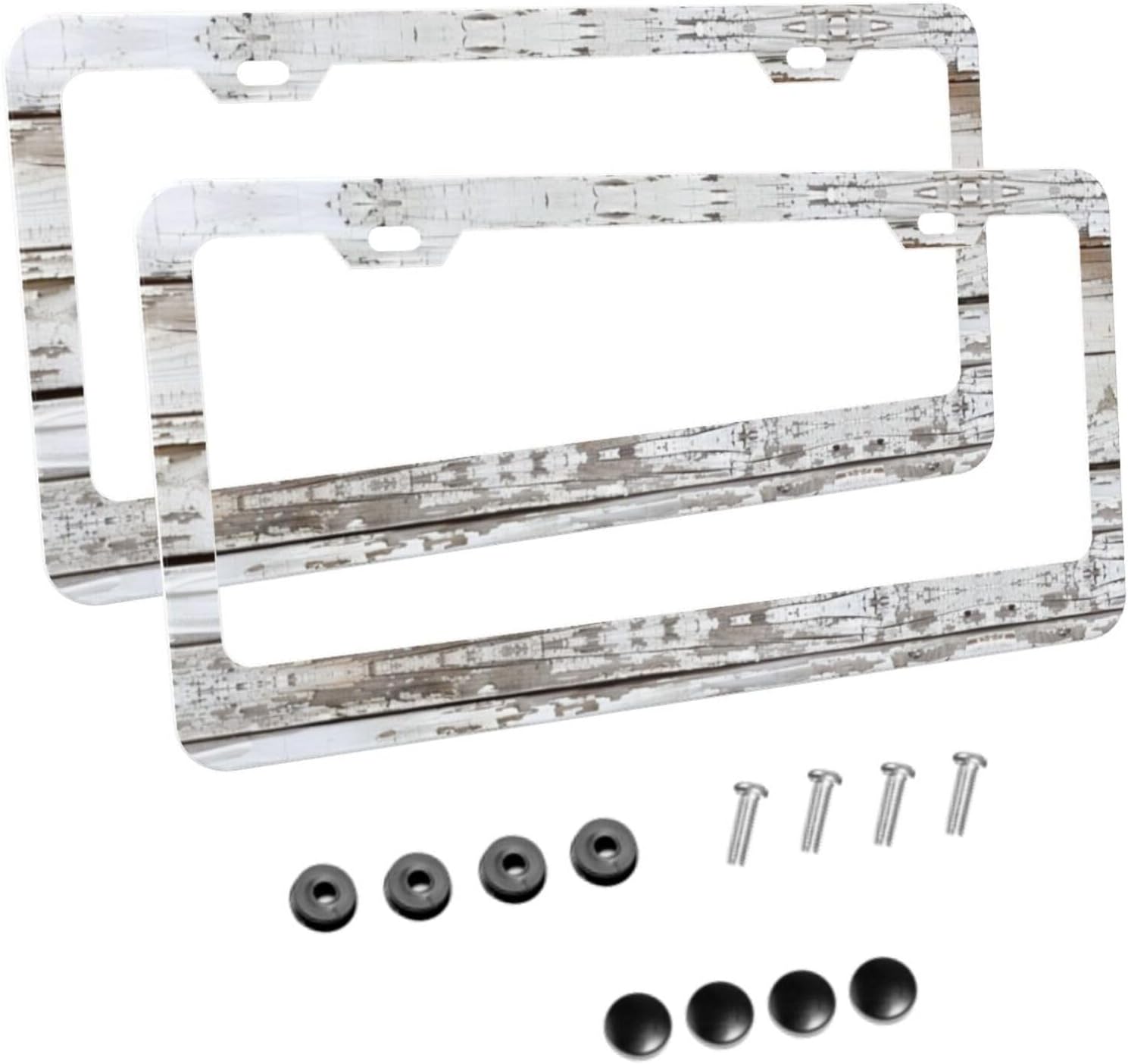 Wooden Board White Old Style Matte Aluminum License Plate Frame with Black Screw Caps，2pcs 2 Holes Black Licenses Plates Frames,Car Licenses Plate Covers Holders for Us Vehicles/Women/Men
