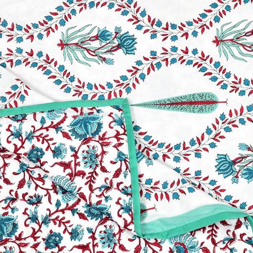 Image of BLOCKS OF INDIA Hand Block Printed Cotton Single Size Reversible Malmal Dohar for Summer (Turq Patti)