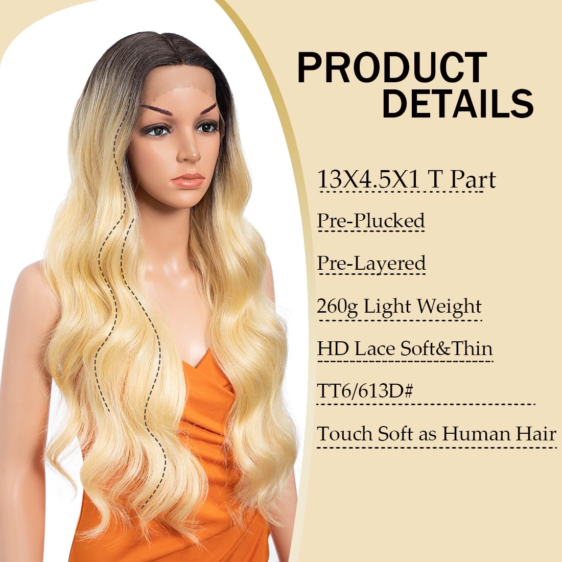 30 Inch Body Wave Wig Long Wig 13X4.5X1 Synthetic Lace Front Wig 180 Density black Flax brown Blonde Color Heat Resistant Fiber Hair Pre Plucked Wig TT6/613D