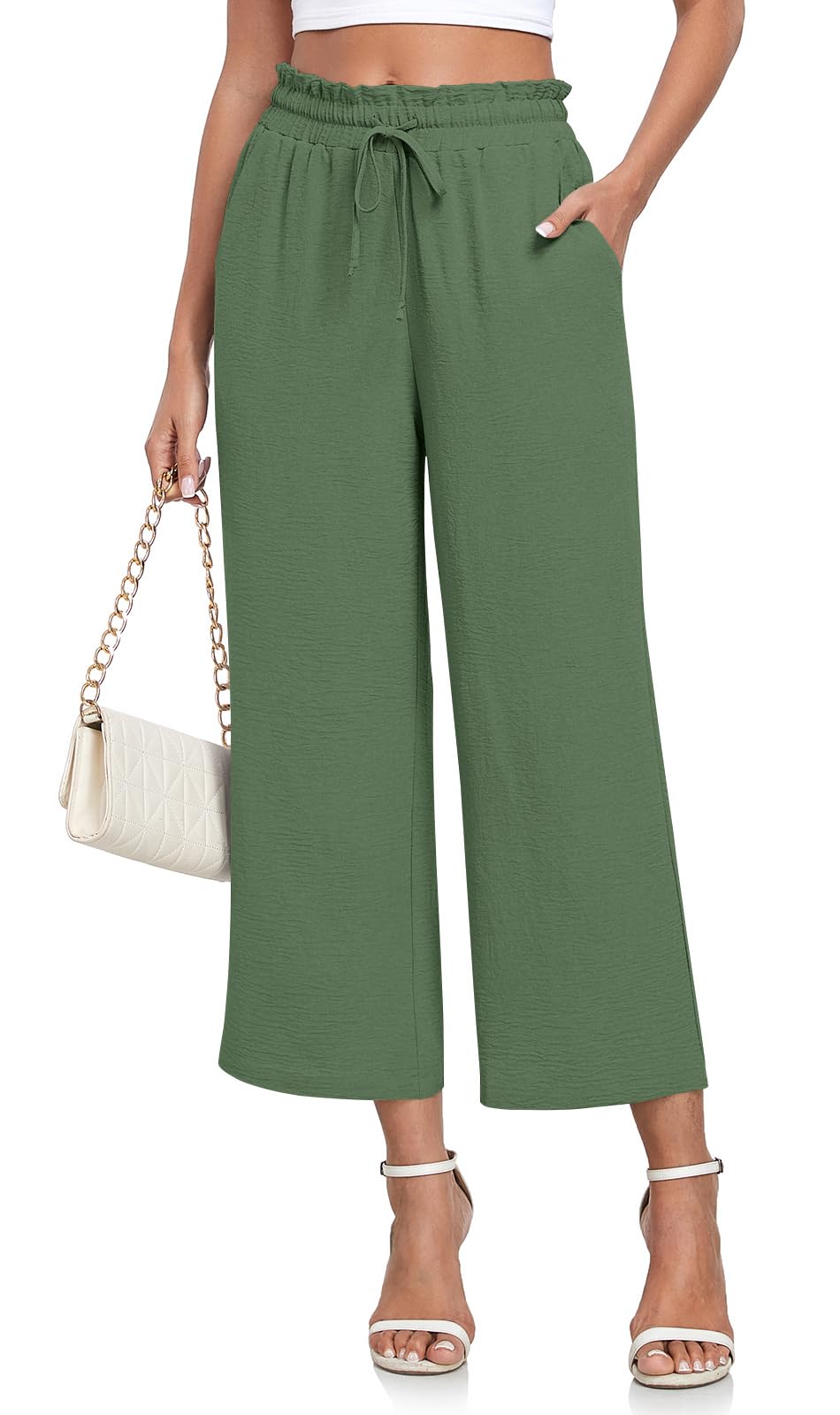 CATHY Womens Casual Wide Leg Pants Drawstring High Waisted Trousers with Pockets