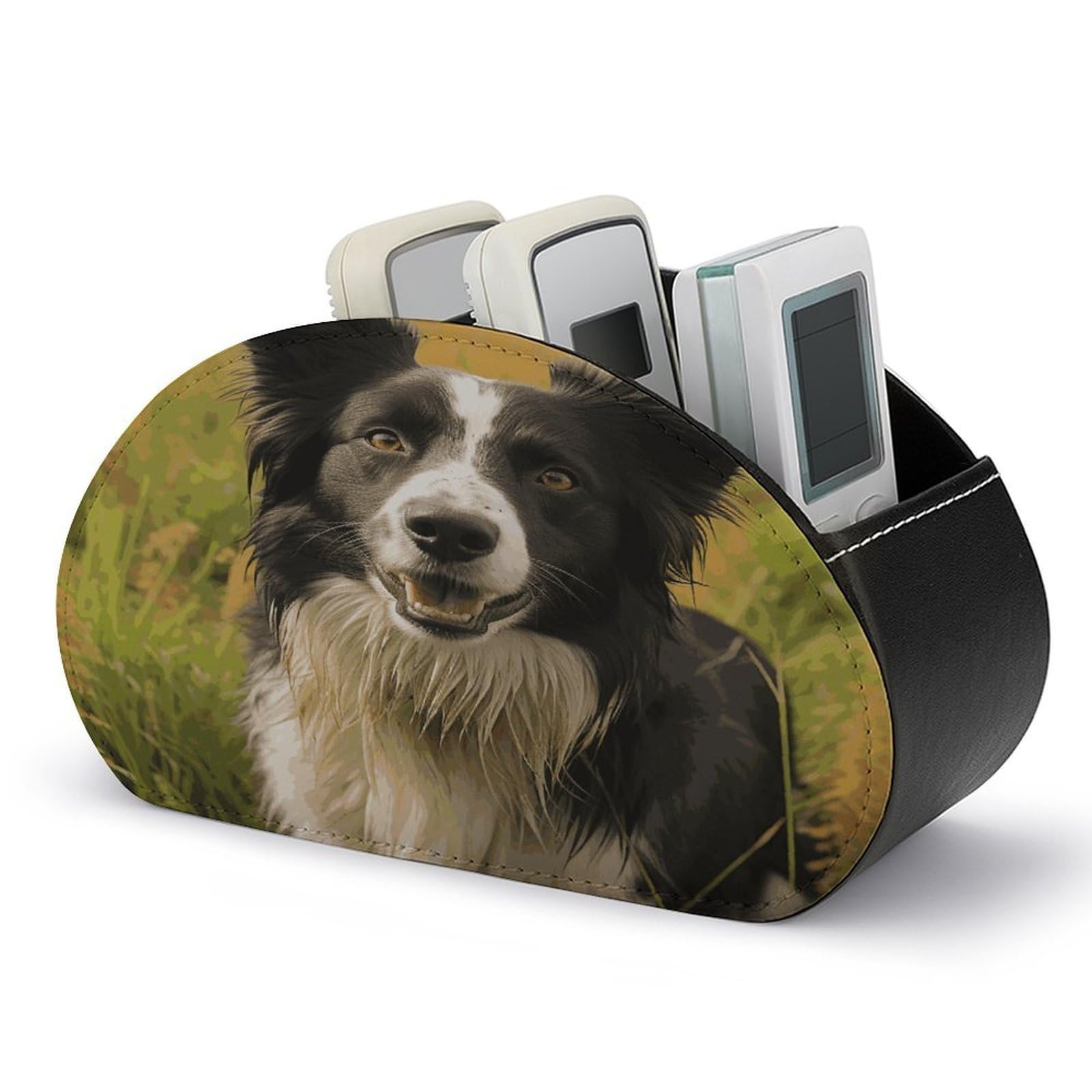 LZQPOEAS Mohado Border Collie Dog Remote Control Holder with 5 Compartments PU Leather Remote Organizer Box Caddy for Table Nightstand Remote Caddy Desktop Organizer Fits Media Controllers