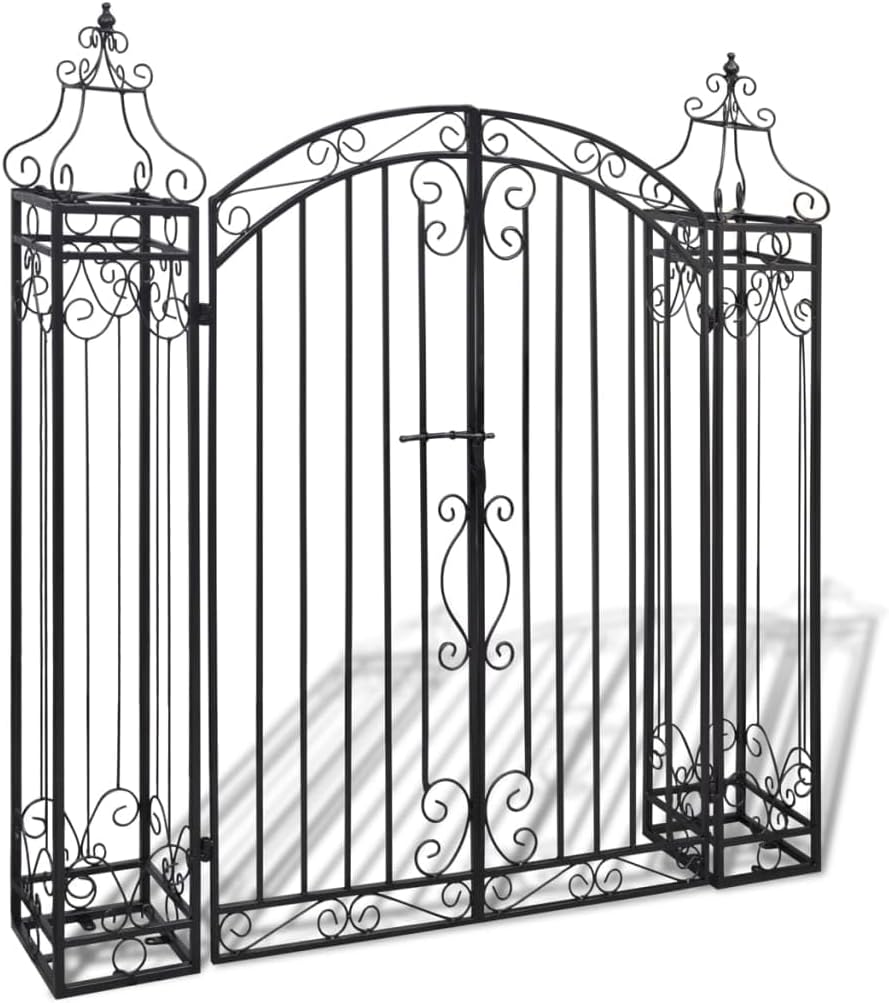 vidaXL Garden Gate Black Wrought Iron Ornamental Fence with Lock 47.6" x 3.1" x 39.4" Outdoor Patio Lawn Yard