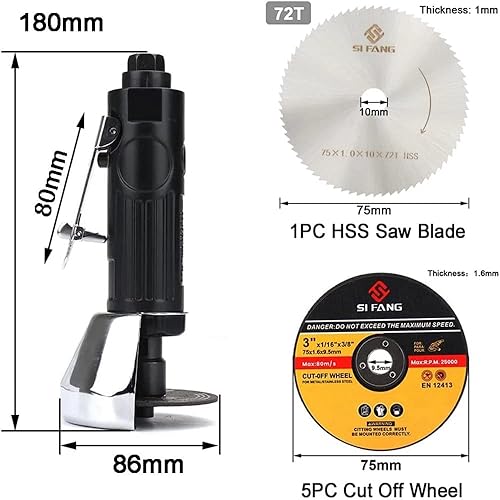 Miniatura 2 de Herramienta de corte de aire de 3 pulgadas, máquina de corte neumática con amoladora angular con juego de discos de corte de 5 piezas, velocidad