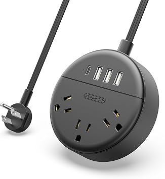 Flat Plug Power Strip with USB Ports, NTONPOWER Nightstand Desktop Charging Station with 5ft Extension Cord, Wall Mount with 3 Outlet 4 USB1 USB C, Small Size for Travel Home Office Dorm Room, Black