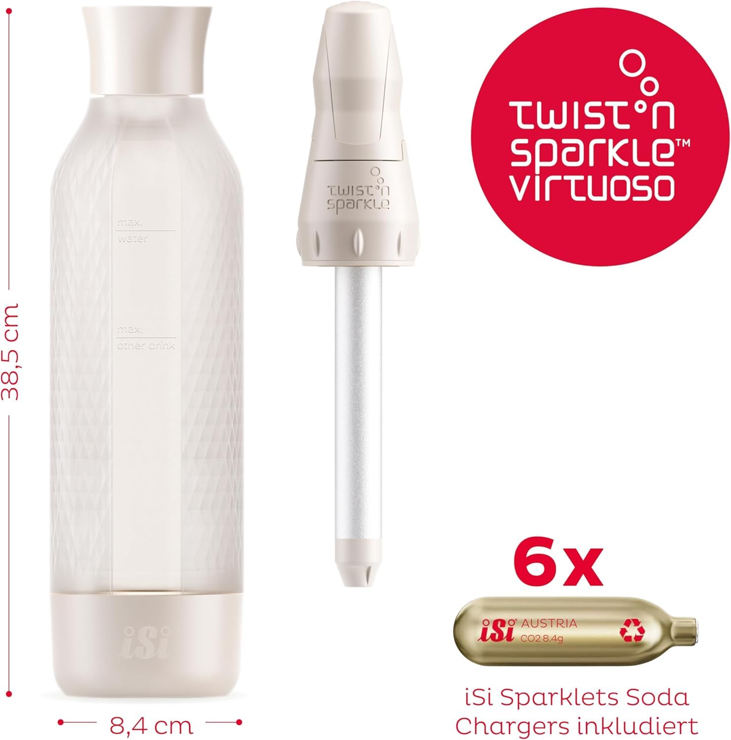 iSi Twist'n Sparkle Virtuoso Spruzzatore d'acqua 0,95 l – Soda Maker per acqua frizzante, succhi e cocktail – Sprudler & Soda Maker con custodia in silicone antiscivolo – Macchina alternativa per