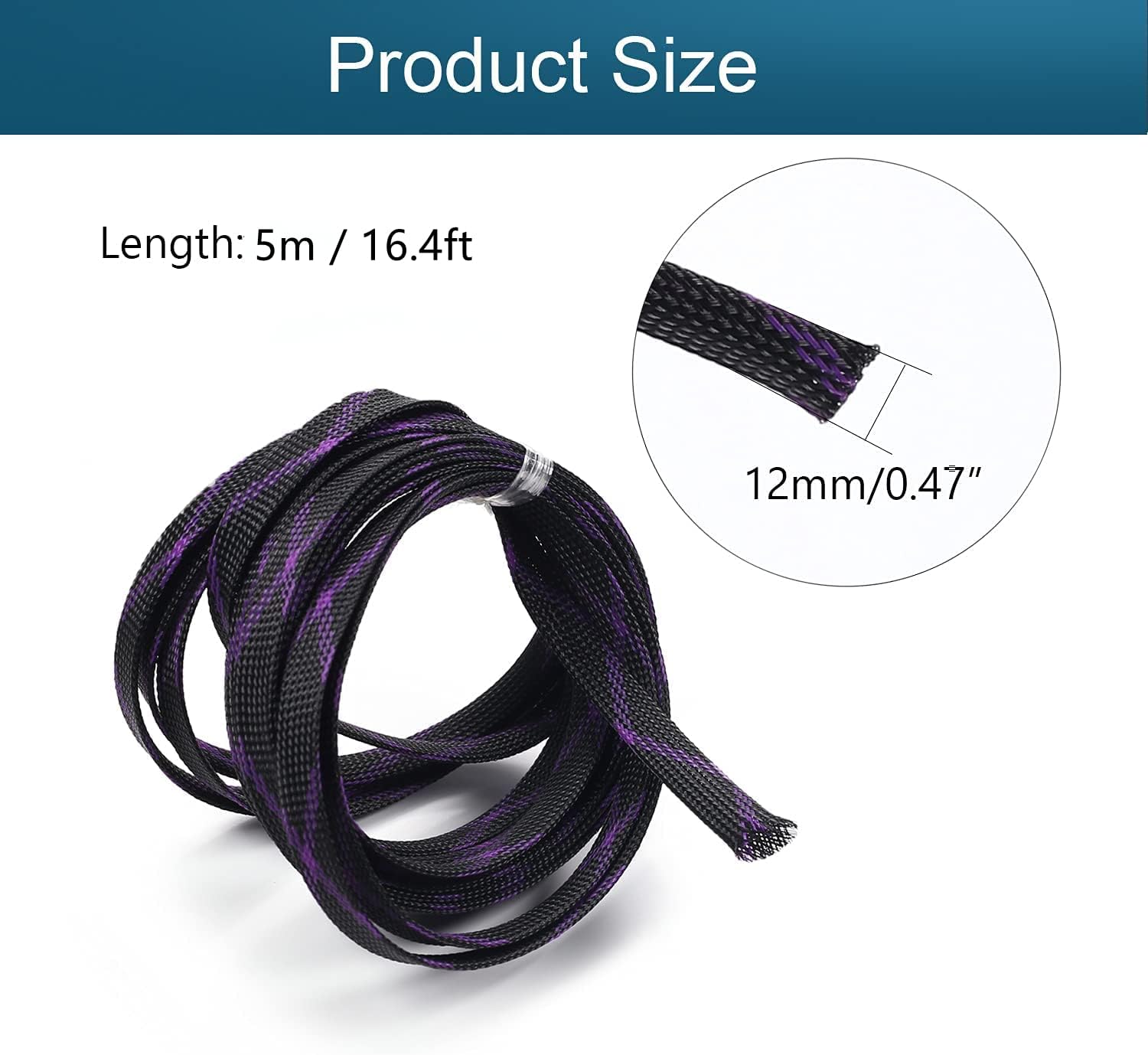 Utoolmart 5m / 16.4ft PET Expandable Braided Sleeving, Flexible Wire Mesh Sleeve, for Audio Video and Other Home Device Cable Wire, Black Purple Braided Sleeving, 1 Pcs
