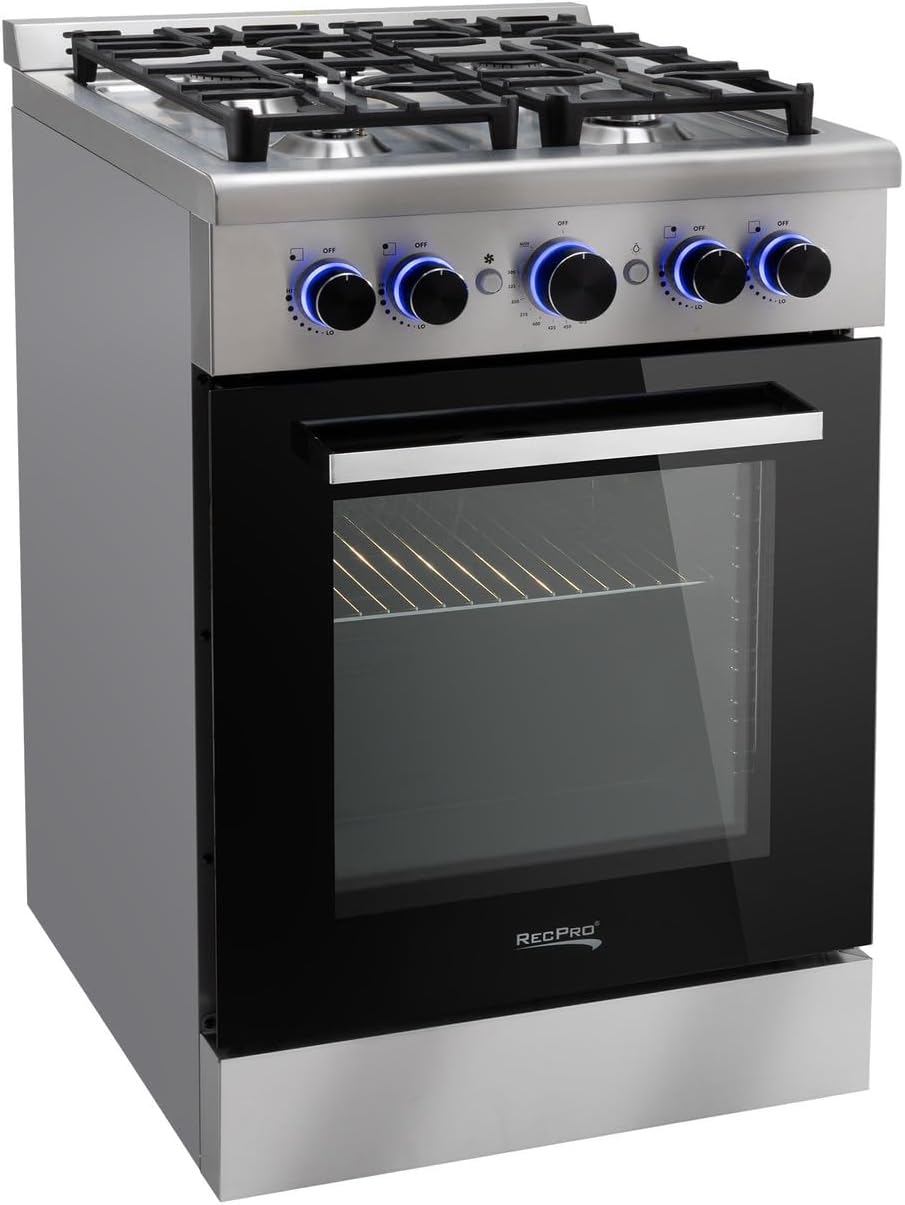 RecPro RV Stove | 24" Stainless Steel Freestanding Gas Range | 12000 BTU | 4 Burners | 4 Leveling Legs | Fueled By Propane | Oven & Stove Top Capabilities