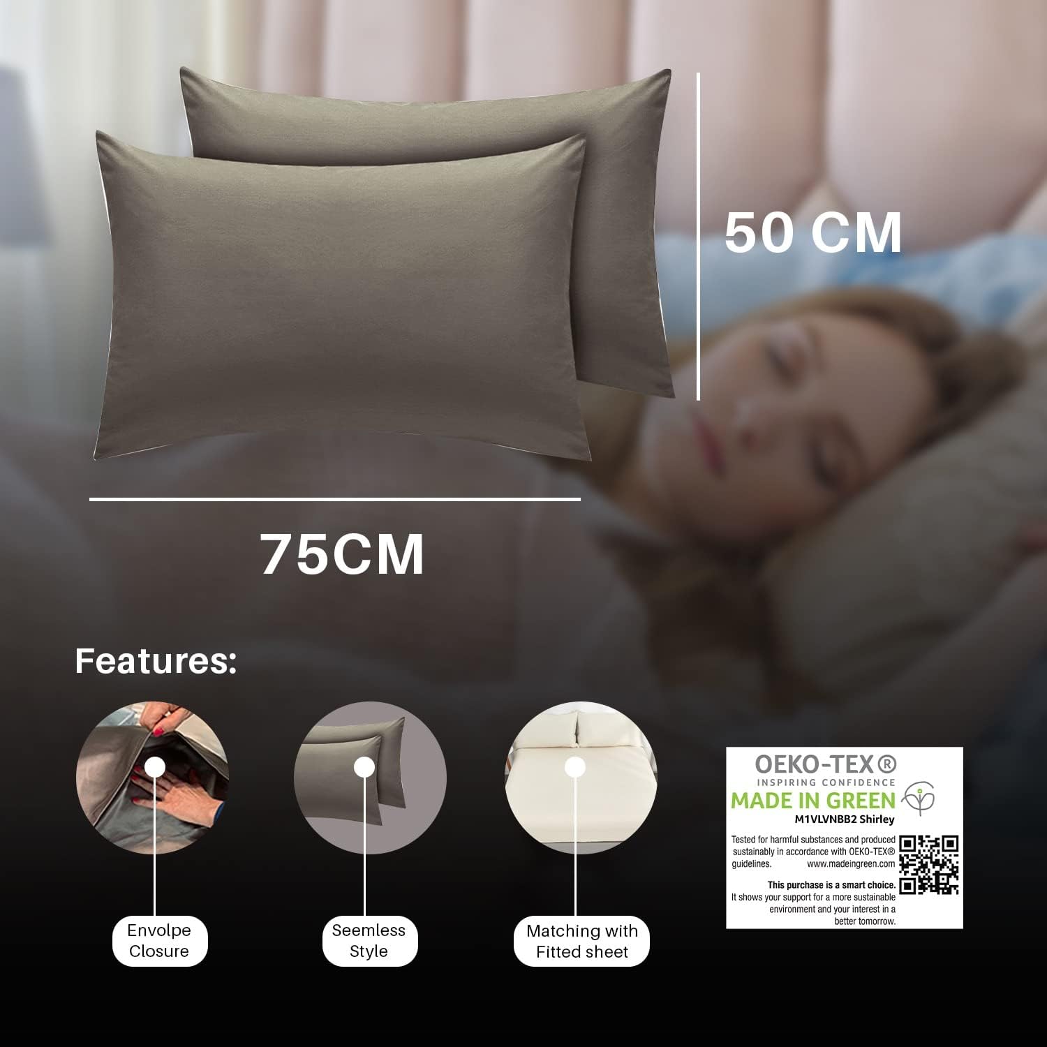DTEX HOMES Pillowcases 2 pack 100% Egyptian Cotton Envelope Closure Ultra Soft and Premium Quality Pillow Covers 50 x 75 cm (Housewife-Grey) - Image 3