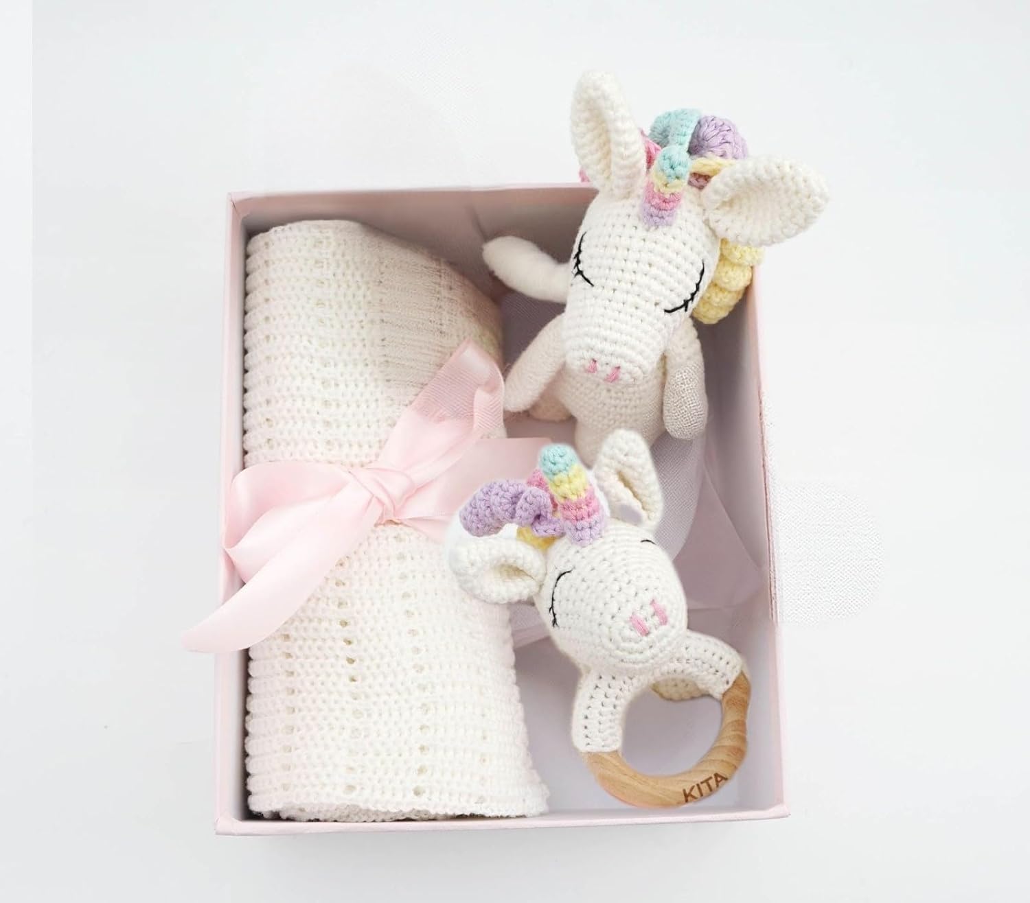 Kita Unicorn Gift Box - Unicorn Crochet Doll Set (Small Doll on Wood Ring), White with Bow Tie - Soft Stuffed Toy for Children, Babies, Animals, Gifts