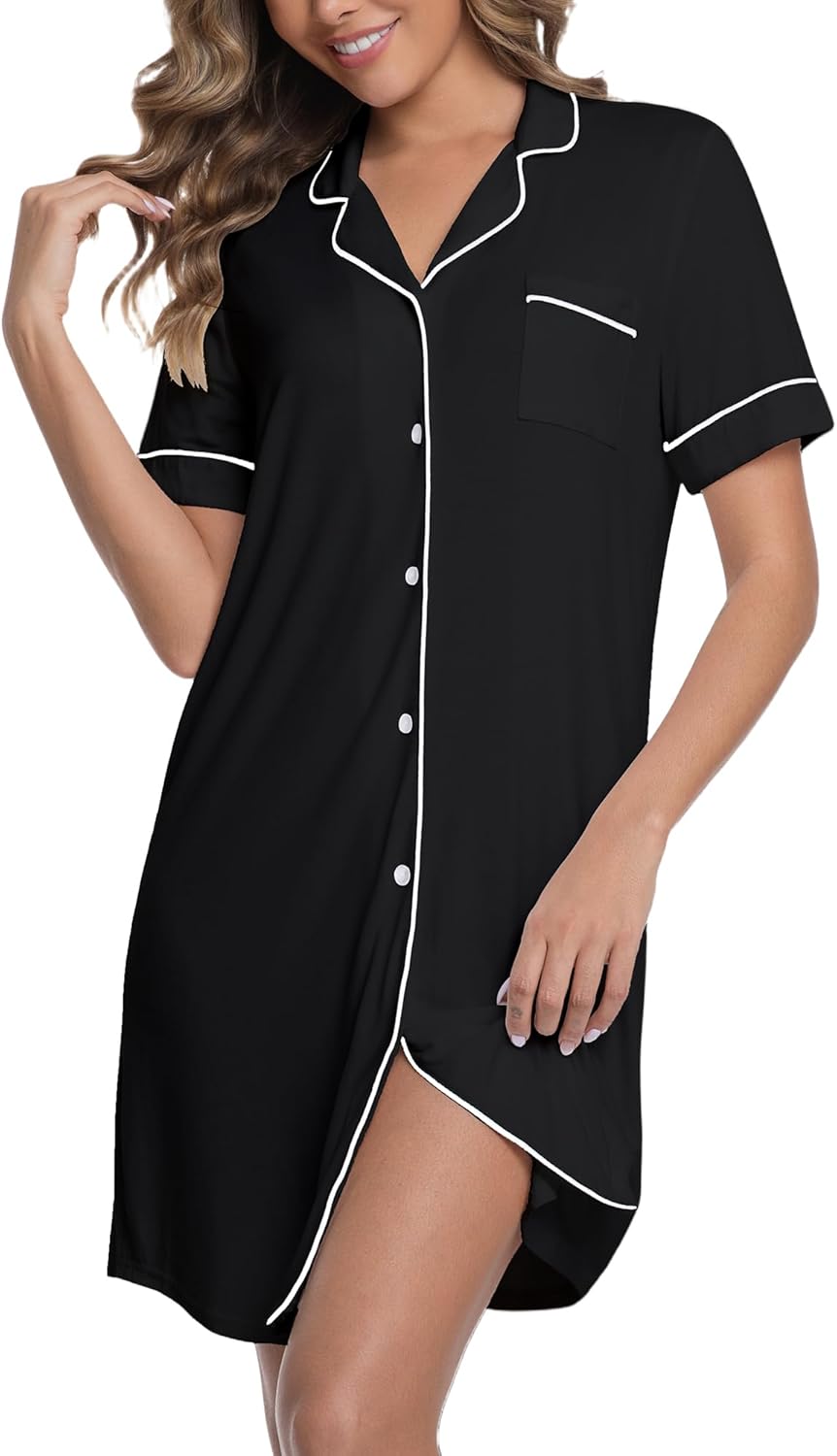 Nightgowns for Women Bamboo Viscose Sleepwear Button Down Sleep Shirt Short Sleeve Sleepdress Soft Nightshirt S-5XL