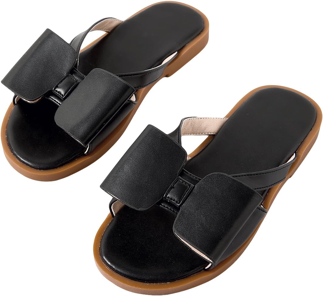 GORGLITTER Girl's Cute Bow Slides Strappy Flat Sandals Merallic Open Toe Slip on Slippers Summer Vacation Beach Shoes