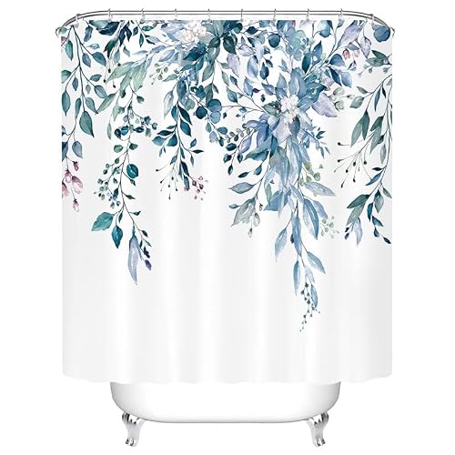 Weltrxe Blue Floral Shower Curtains For Bathroom, Waterproof Fabric Shower Curtain With 12 Hooks, Blue Watercolor Eucalyptus Leaves Bathroom Decor For Bathtub, Weighted Hem, Washable, W 72 X H 72 #TOP7