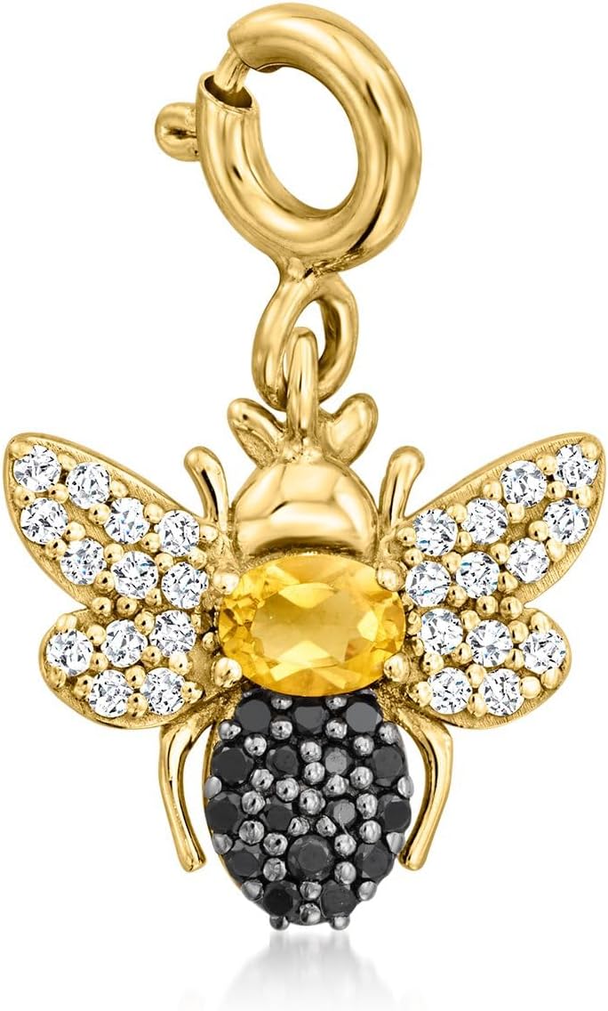 Ross-Simons 0.10 Carat Citrine and .10 ct. t.w. White Topaz Bumblebee Charm With Black Spinel in 18kt Gold Over Sterling
