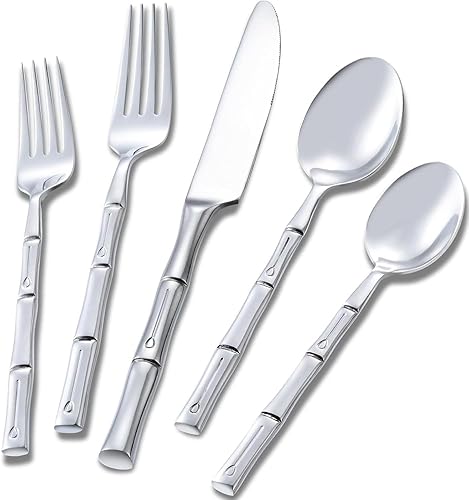 Bamboo 20-Piece Silverware Set, Stainless Steel Flatware Set, Cutlery Set