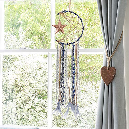 Alynsehom Dream Catchers for Kids Bedroom Handmade Star Moon Half Circle Net Blue Dream Catcher Gray Natural Feathers Wall Art Hanging Home Decorations Dorm Room Ornament Craft Gift - Thumbnail 2