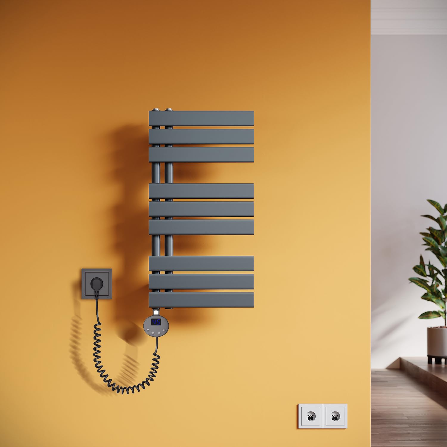 Scaldasalviette elettrico da bagno, 762 x 400 mm, con termostato, scaldasalviette dritto, con asta riscaldante antracite, 400 W