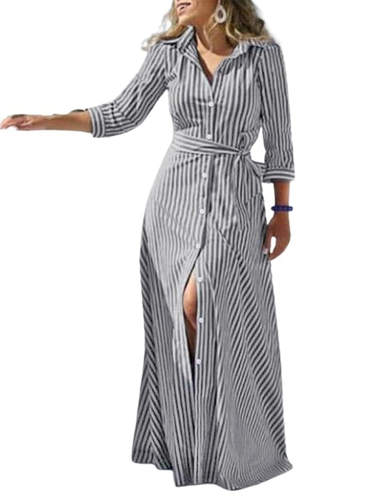 utcoco Women's 2025 Spring Summer Casual Striped Maxi Dress Button Down Shirt Dress with Belt