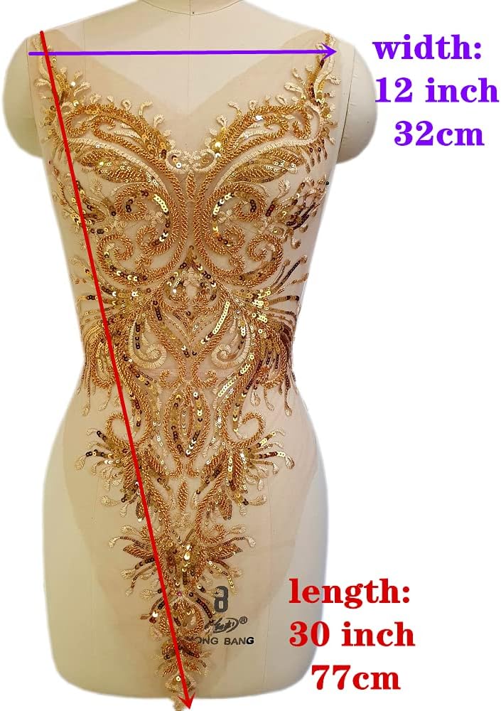 Heavy Luxury Handmade Beading Glass Beads for Evening Dress Lace Fabric Patch Wedding Dress Applique Accessories (Gold, 1 Set=A+B+C)