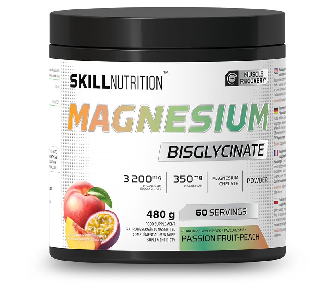 Skill Nutrition Magnesium Bisglycinate | Passion Fruit–Peach Flavor | 350 mg Magnesium per Serving | Chelated, Highly Bioavailable Form | Supports Muscles, Nervous System & Reduces Fatigue | 480 g