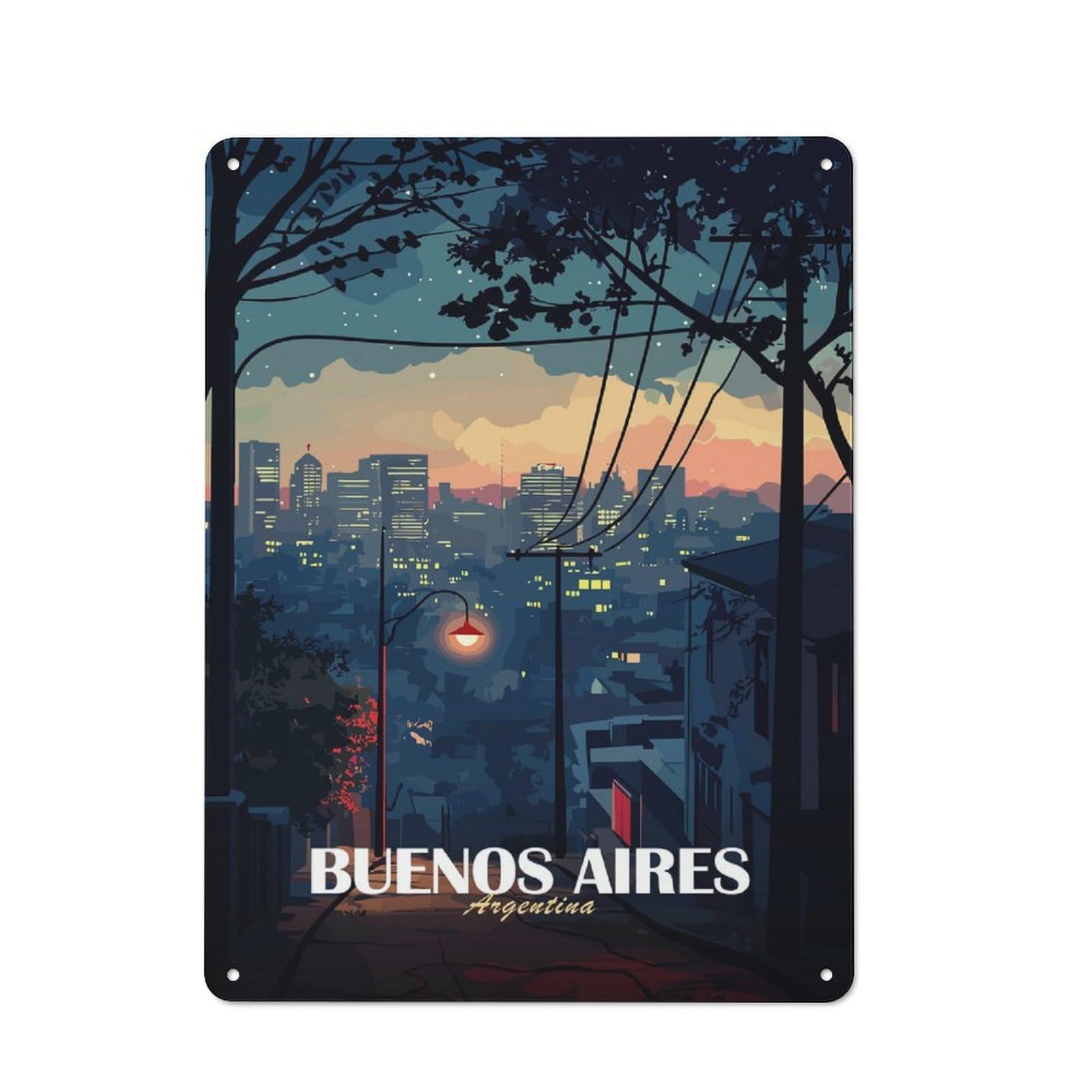 Junmoney Buenos Aires Cityscape At Dusk Tin Wall Plaque 40X30cm With For Studio Or Craft Room, For Cooler-Season Styling In Studio And Craft Room