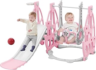 FUKEA Kids Slide, 4-in-1 Toddler Slide and Swing Set with Basketball Hoop Garden Climbing Frames, Slide for Toddlers Age 1-3 Indoor & Outdoor, Garden Slides for Kids(baby Pink)
