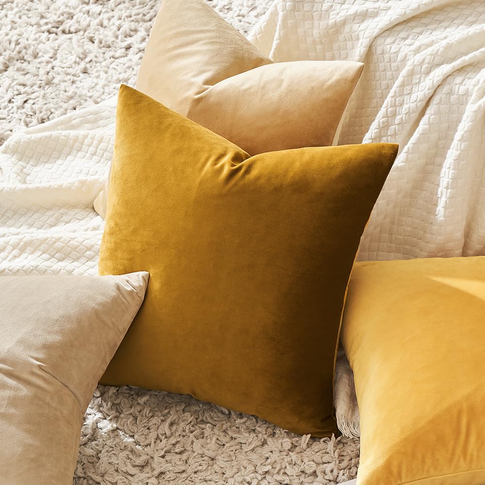 MIULEE Funda Cojines de Terciopelo para Sofa Suave Fundas de Almohada de Cama Silla Color Solido Cremallera Oculta Decoración para Sala de Estar Dormitorio Habitacion 2 Piezas 45x45cm Amarillo Mostaza — view 5