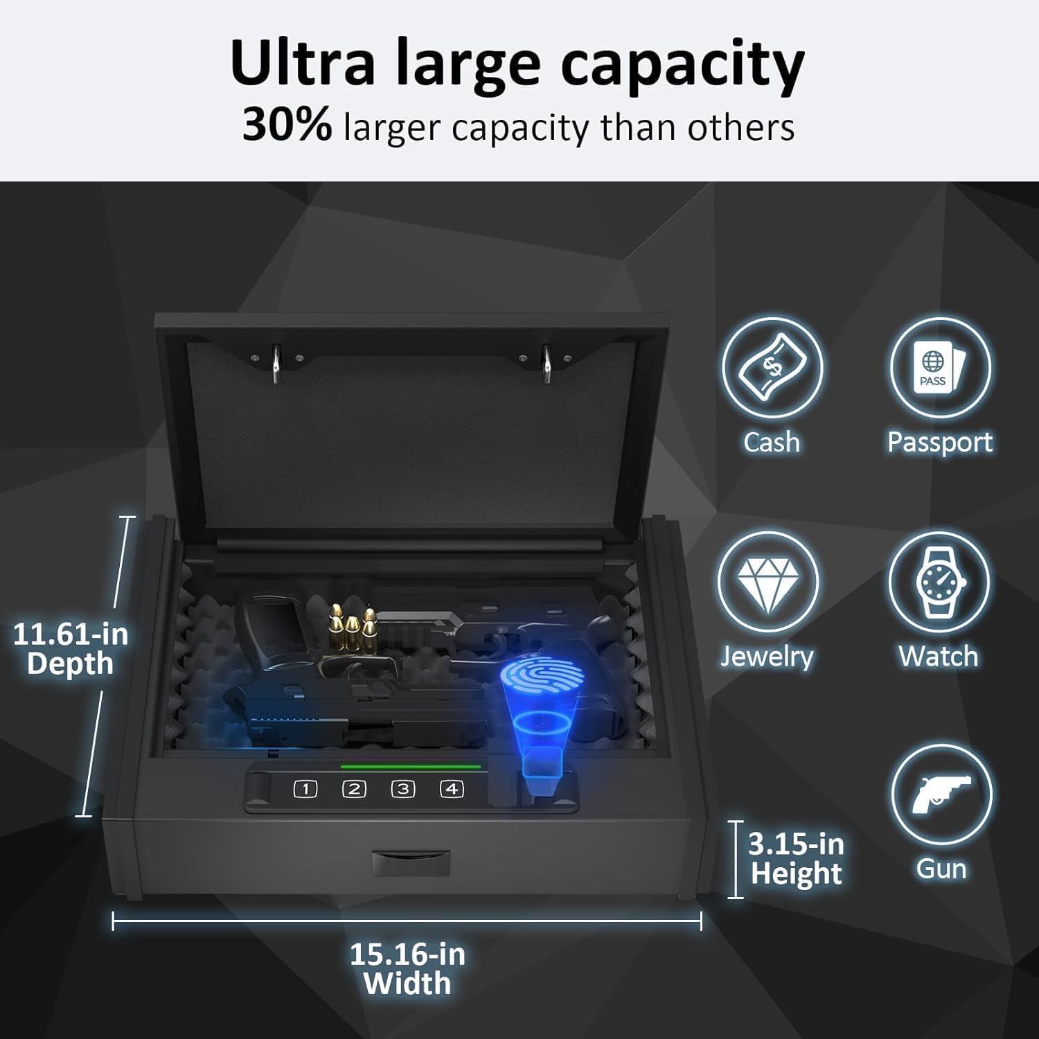 [ 30% Larger capacity ]Gun Safe for Pistols, Biometric Handgun Safe box, Mounted Handgun Safe Quick Access Security Safe with Fingerprint Keypad Lock for Home nightstand