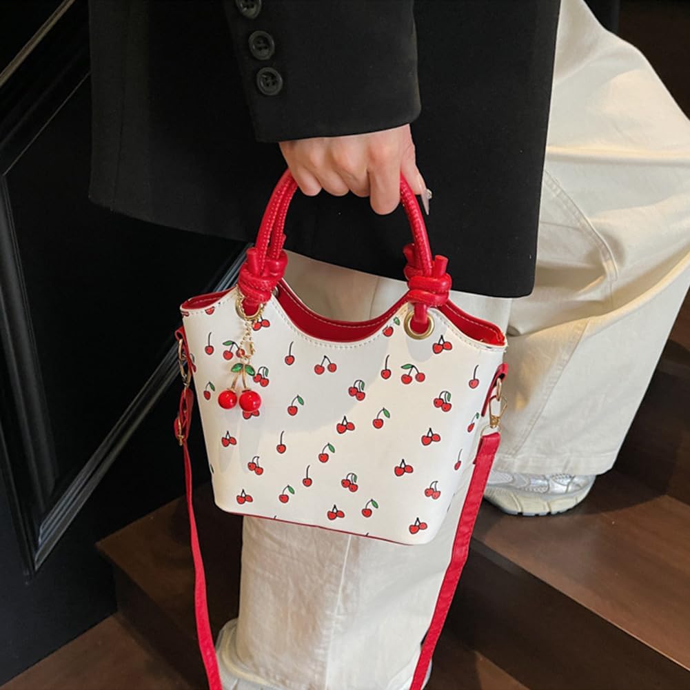 PU Leather Bucket Cherry Printed Crossbody Bag for Women Cute Y2K Top-handle Bag Fruit Print Small Tote Handbag Gifts - Image 9