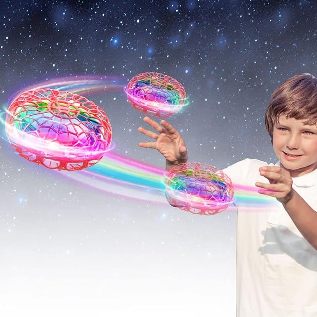 WALLE Drone for Kids Flying Ball Toys Hover Ball, Rotating LED Lights Flying Spinner Mini Drone UFO Outdoor Indoor Space Toys for Boys Grils Gifts & Presents - Red